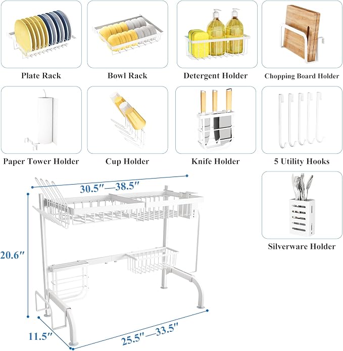 Over The Sink Dish Drying Rack, Adjustable (25.5 to 36.5 inch) 2 Tier Metal Steel Dish Drying Racks for Kitchen Counter with Hooks Paper Towel Utensil Cup Holder Sink Caddy (White) | All-in-One Large Capacity, Snap-On Design for Flexible Use, Strong Me...