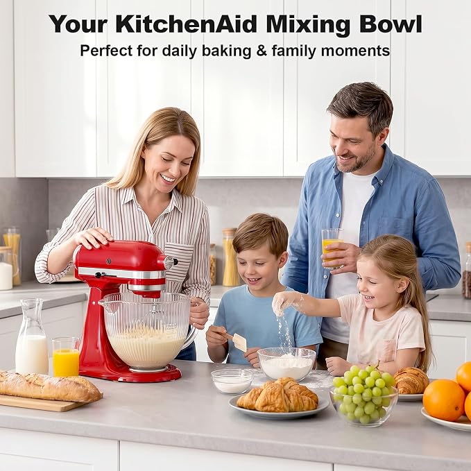 Glass Mixing Bowl for KitchenAid, Fits 4.5-5 Quart Tilt-Head Stand Mixers | 5 Qt Kitchen Aid Glass Mixer Bowl with Handle, Pour Spout & Measurement Markings by Focollk