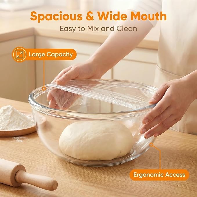 Large Borosilicate Glass Mixing Bowls, Set of 2 (6.4QT, 3.7QT) - Heavy-Duty, Stackable & Lead-Free. Oven, Microwave, Dishwasher & Freezer Safe. Ideal for Sourdough, Baking, Prepping, Serving.