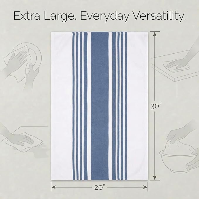 Urban Villa Kitchen Towels Cotton Dish Towels 20”x30” (Set of 6) Blue Wht