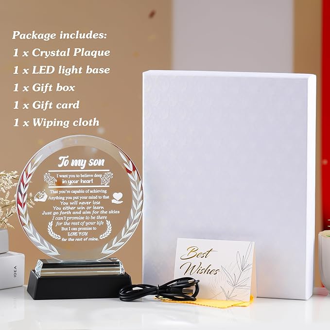 Arikyrist Fathers Day Son Gifts from Mom Dad Crystal Plaque to My Son with LED Light Base Unique Birthday Graduation Gifts for Son Adult