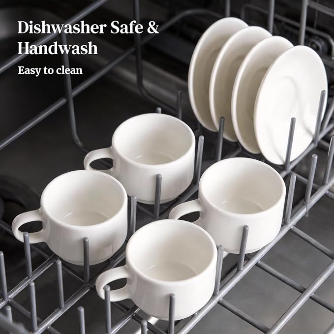 DOWAN 2.5 OZ Stackable Espresso Cups, Porcelain Coffee Cups with Saucers Set of 4, White Espresso Shot Cup, Tea Cups for Home, Office and Cafe Use