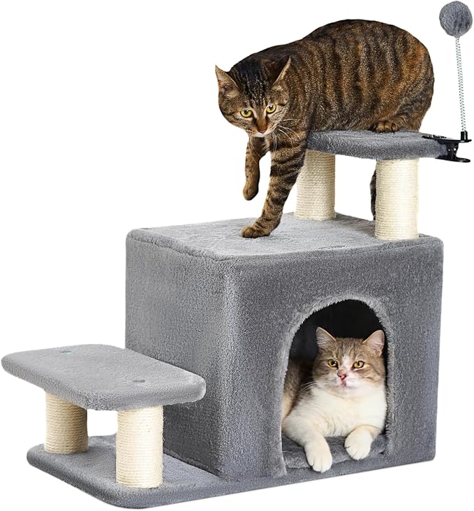 Happi N Pets Cat Stairs with Scratching Post & Large Condo, Stable Pet Steps for High Beds Couch, 3 Combinations Cat Ramp Tree Tower for Cats or Small Dogs, Removable Cushion & Bonus Toy, Gray