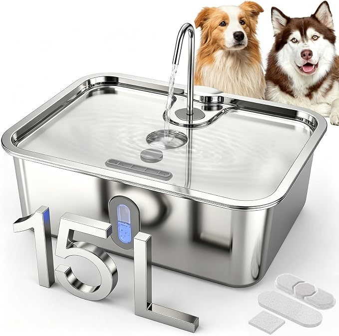 15L/4Gal Stainless Steel Dog Water Fountion Pet Fountain,1Set Filter | Ultra Quiet,Extra Large Capacity,5 Layer Filtration System,Water Level Window & LED Light, ,Visible Faucet Style Spout
