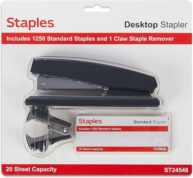 Staples Desktop Stapler, 20-Sheet Capacity, Staples Included, Black, 24/Carton