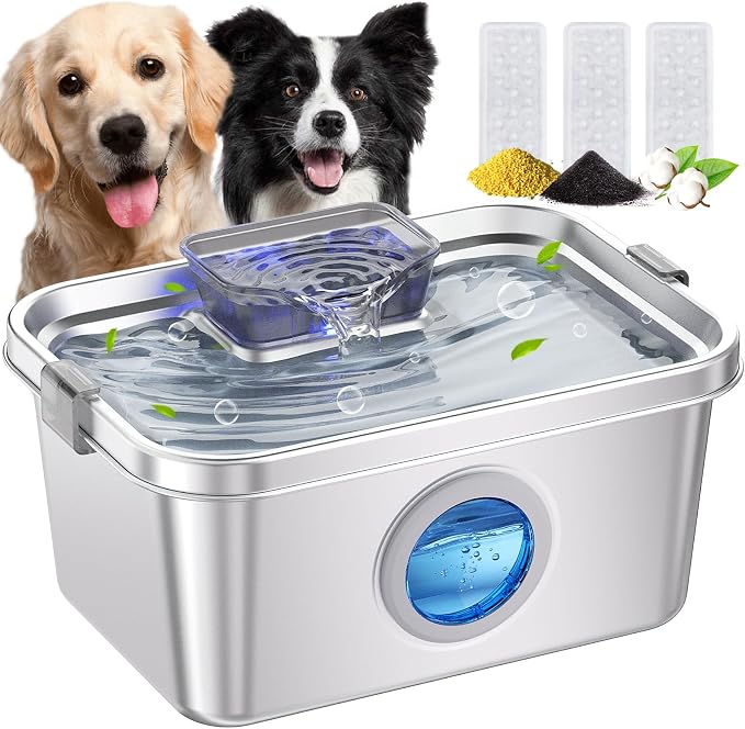 Dog Water Fountain 2 Gal, Stainless Steel Dog Water Fountain for Large Dogs Multi-Cats, Pet Water Fountain with Big Window, Super-Quiet Pump, Indoor Automatic Dog Water Bowl Dispenser Fountain Filters