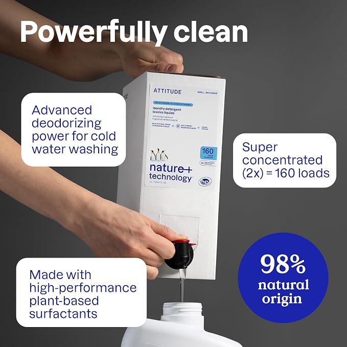 ATTITUDE Liquid Laundry Detergent Refill, EWG Verified, HE Compatible, Plant-Based & Vegan, Natural Laundry Soap, Summer Berries Scent, 160 Loads, 135.26 Fl Oz