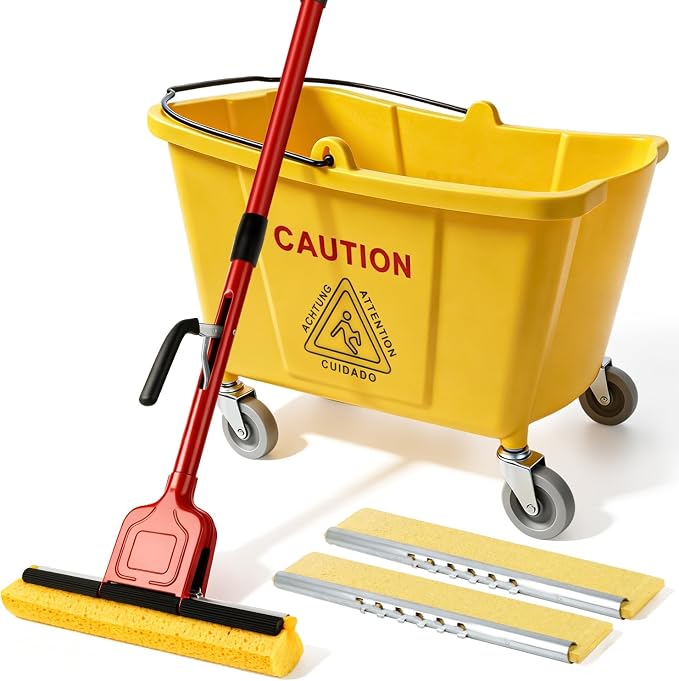 Mop Bucket on Wheels, Commercial Sponge Mop and Bucket Set for Floor Cleaning with 2 Compressed Cellulose Replacement Heads, Heavy Duty Industrial Mops for Hardwood Tile for Office Workshop Warehouse