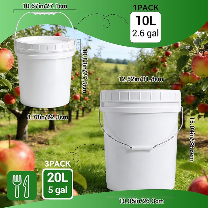3 Pack 5 Gallon White Plastic Buckets with Lid & Metal Handle, 1 Pack 2.6 Gal Small Plastic Bucket with Spiral Lid & Handle Food Grade Storage Containers for Water, Cleaning, Halloween