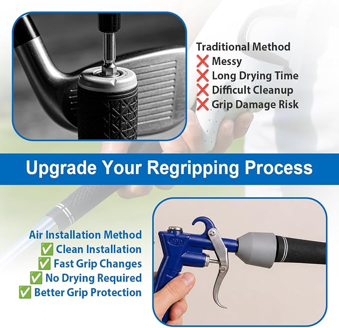 Golf Grip Installation Tool, Air Golf Grip Installer Gun & Removal Tool | No Tape No Solvent Required, for Golf Club Regripping & Grip Removal, Fits Standard Air Compressors (Compressor Not Included)