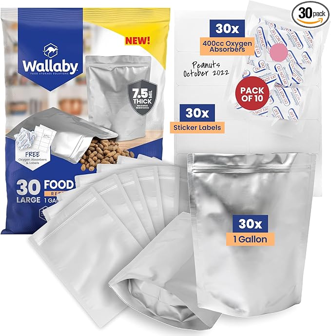 Wallaby 30 Count 1-Gallon Gusset Mylar Bags with 400cc Oxygen Absorbers, 15 Mil Total Thickness Long-Term Food Storage Pouches, 10x14 Stand-Up Zipper Heat-Sealable Airtight Packaging - Silver