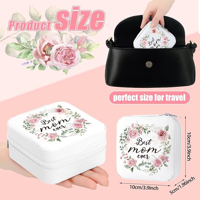 Kacctyen 12 Pieces Best Mom Ever Mini Travel Jewelry Case Bulk Mother's Day Church Gifts Watercolor Flowers Women Party Favor Gift for Secretary Girls Leather Travel Jewelry Case