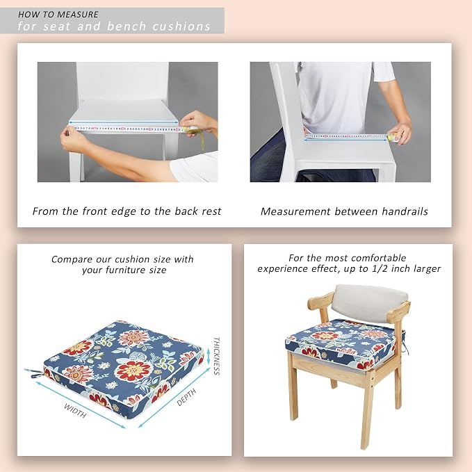 JMGBird Outdoor Chair Cushions Set of 2 - Waterproof Patio Seat Cushions 19x19 Inch with Ties, Blue Flower Floral Pattern High Density Foam Square Cushions for Garden Furniture
