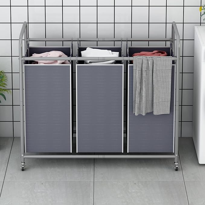 LINZINAR 3 Section Laundry Hamper, Grey Laundry Basket, 135L Laundry Sorter | Laundry Room Organization with Heavy Duty Rolling Lockable Wheels and Removable Bag, Bedroom Laundry Cart for Clothes Storage