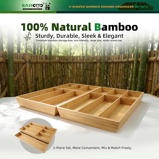 BAMOTTO CRAFTBAMBOO 13 Slot V-Shaped Bamboo Drawer Organizer Set of 2, Extra Large Cutlery Tray - Easy Reach Flatware Silverware Utensil Storage for Kitchen (19.6"x14.6" & 19.6"x12.4")