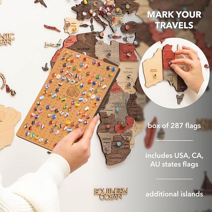 Enjoy The Wood 3D Wooden World Map Wall Art - Large Travel Map with Pins for Art Decor - Decorative Map of the World for Home, Office - Travel Wall Art Housewarming Gift Idea (Fusion, XL, Unframed)
