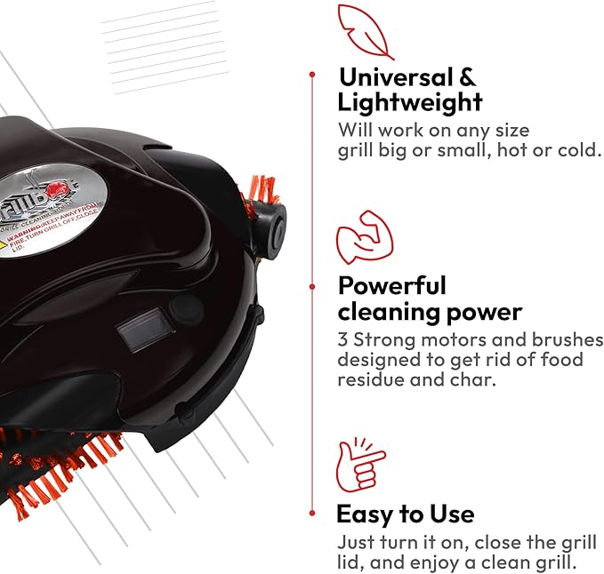 Grillbot Automatic Grill Cleaning Robot with Nylon Brushes, Electric BBQ Cleaner Brush with Motorized Power, Cordless Rechargeable Grill Scrubber for Outdoor Grills (Black and Case)