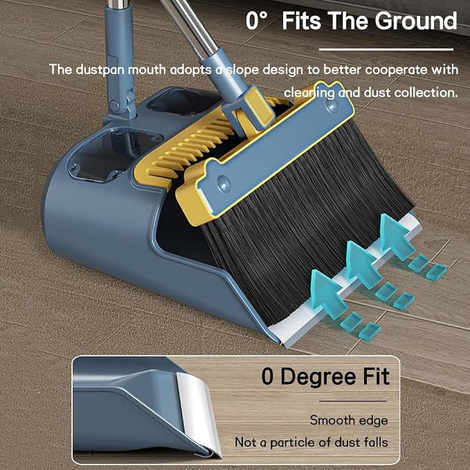 VINGAA Broom and Dustpan Set,Standing Broom and Dustpan Set,Broom and Dust Pan Set with Long Handle,180° Rotating Broom Dustpan Set,Broom and Dustpan Set for Home,for Indoor and Outdoor Use, White
