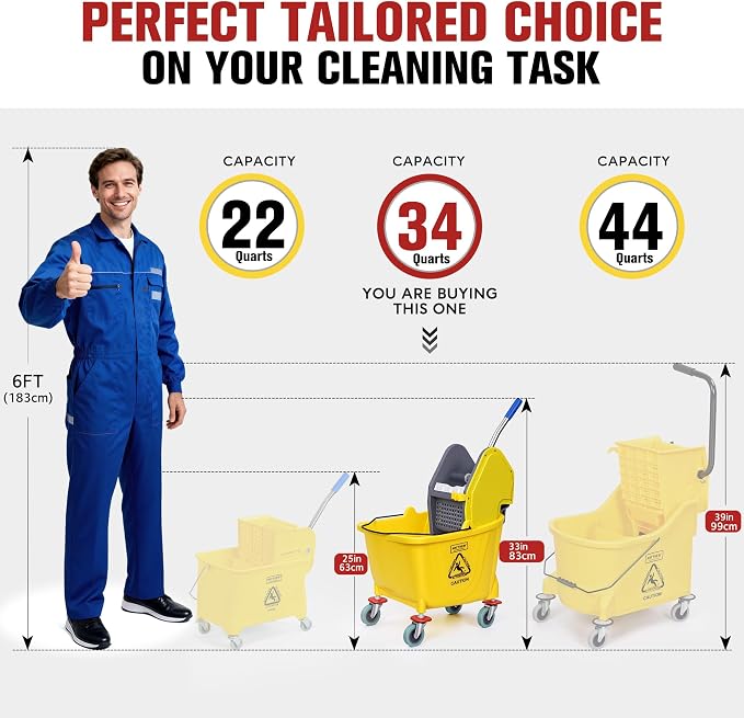 MATTHEW CLEANING 34Quarts Commercial Mop Bucket INCL.Wet String Mop with Down Press Wringer On Wheels,Industrial Heavy-Duty Floor Cleaning w/Handle, Mop Bucket for Home,Offices,Commercial, Restaurants