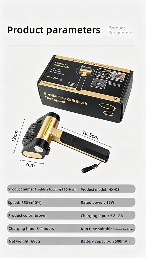 Cordless Electric Grill Cleaner with 2 Interchangeable Brush Heads, 350 RPM Rechargeable BBQ Scrubber with Bristle-Free Stainless Steel Roller + Bristle Brush for All Grills Black Gold