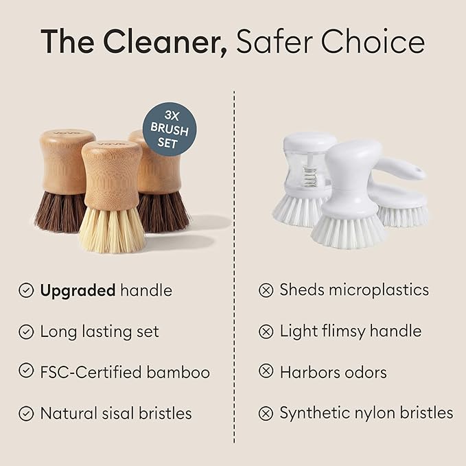 Vove Bamboo Dish Scrub Brush Set, 3-Pack Plastic-Free Kitchen Brushes for Dishes Pots and Cast Iron, FSC-Certified Bamboo with Natural Sisal and Union Fiber Bristles, 2 Hard and 1 Medium Brush