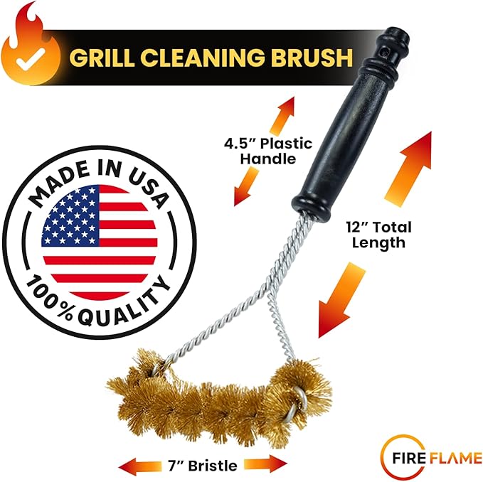Fireflame BBQ Grill Brush – Non-Scratch Brass Bristles - 12-Inch Long Handle Barbecue Grill Cleaning Brush - Wide-Faced Spiral Heavy-Duty – Made in The USA