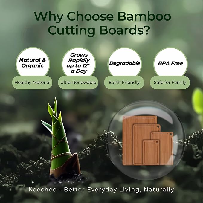 Keechee Carbonized Bamboo Cutting Board Set of 4, Kitchen Prep Boards | Deep juice grooves, built-in handles, 4 different sizes for full kitchen tasks and charcuterie