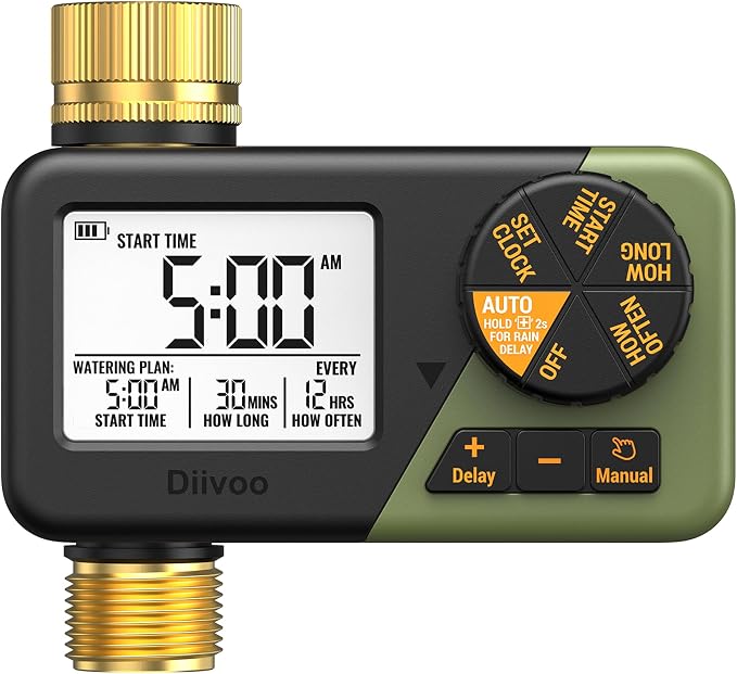 Diivoo Brass Sprinkler Timer, IP66 Waterproof Programmable Hose Timers for Watering with Large Display, Rain Delay & Manual Mode for Outdoor Automatic Irrigation of Garden, Lawn, Yard