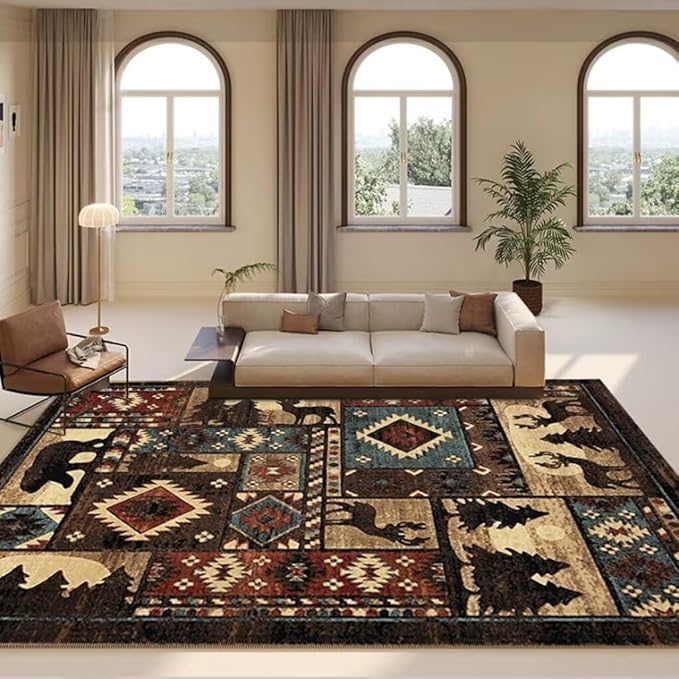 Lodge Native Cabin Moose Deer Rugs 6ftx9ft Western Wildlife Print Area Rug for Bedroom Living Room Non-Slip Vintage Elk Deerlet Bear Carpet Mats