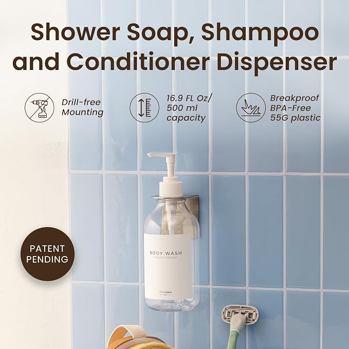 Shampoo and Conditioner Dispenser Wall Mounted Set of 1 Clear - No Drill Shower Soap Dispenser for Bathroom Refillable - Spa Hotel Style Accessories by MaisoNovo