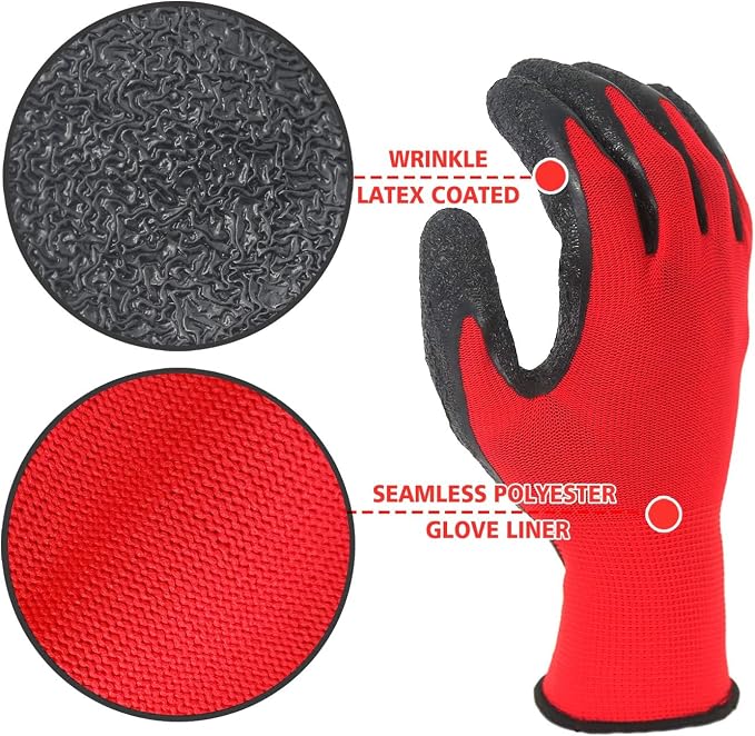 Evridwear Crinkle Latex Rubber Hand Coated Safety Work Gloves for Men Women General Multi Use Construction Warehouse Gardening Assembly Landscaping,Red Medium 120 Pairs Pack