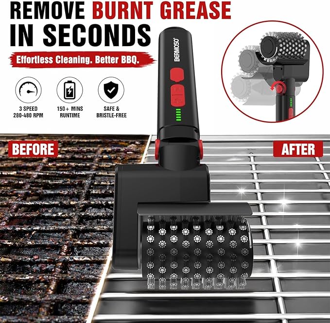 Electric Grill Brush, Cordless BBQ Grill Cleaner Tool With 3-Speed for Burnt Grease, Anti-Shedding Safe Wire, 150+ Min Runtime & Waterproof, Effortless Grill Brush for Backyard Barbecue Outdoor Grills