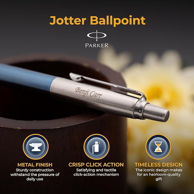 Parker Jotter Ballpoint Pen, Waterloo Blue, Personalized Laser Engraving, Blue Ink, Official Parker Gift Box, Graduation and Retirement Gift for Men and Women