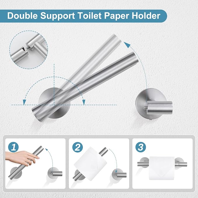 TQKAG 8-Pieces Bathroom Hardware Set Brushed Nickel SUS304 Stainless Steel Bath Towel Bar Set 23.6 Inch Round Bathroom Accessories Kit Wall Mounted