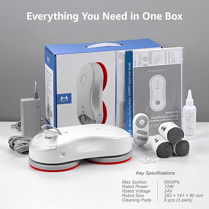 HUTT S55 Pro Window Cleaning Robot, 3D Floating Pads, Up to 6500Pa Suction, HydroJet Pump Spray, SLAM 4.0 Navigation, 80ml Water Tank, 6 x Cloths,Perfect for High-Rise Windows, Tiles and Glass