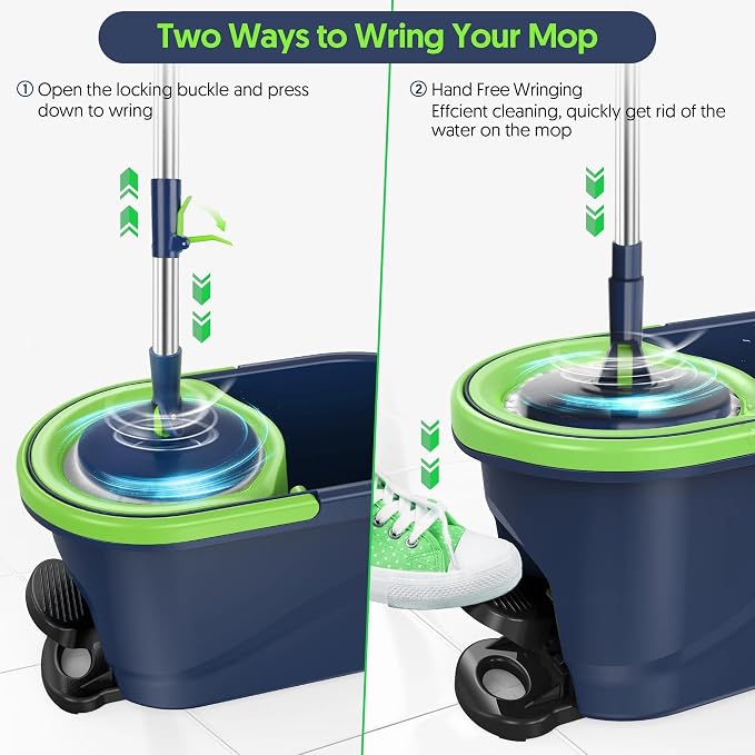 Spin Mop and Bucket with Wringer Set, 360° Rotating Microfiber Mop, Adjustable Handle, Hands-Free Wringing, Reusable Mop Heads (Green mop and Bucket + 3 mop Head)