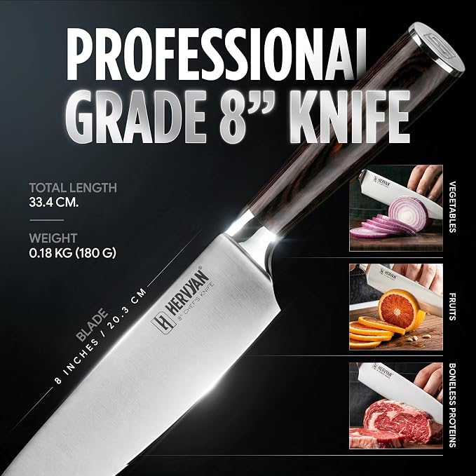 Chef Knife, 8 Inch High Carbon Stainless Steel Sharp Kitchen Knife with Ergonomic Pakkawood,Gift Box for Family & Restaurants