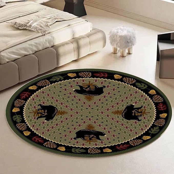Vintage Lodge Cabin Bear Round Rugs 4ft for Dining Room Non-Slip Abstract Green Hunt Bear Circular Area Rug Home Decor Low Pile Pine Cone Leaves Border Carpet