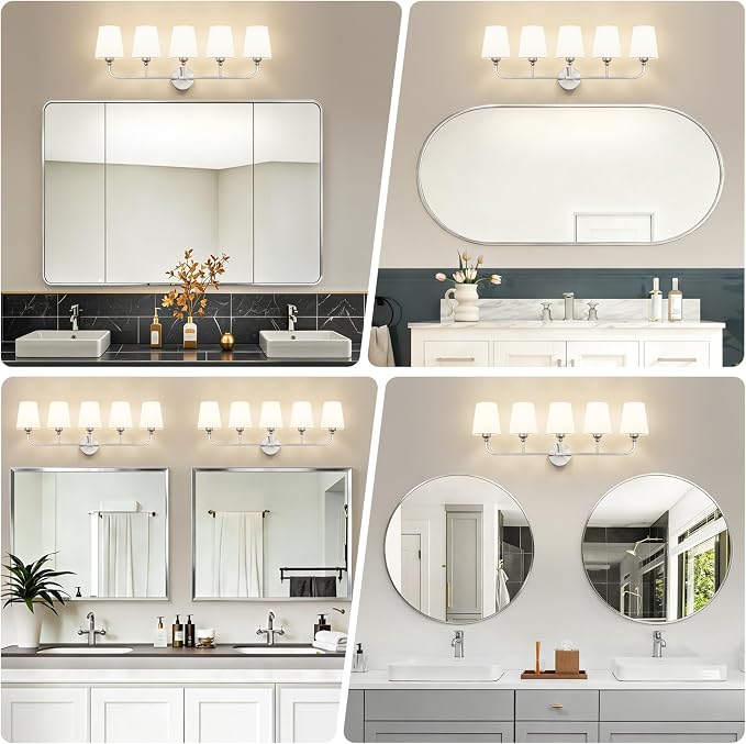 Bathroom Vanity Light, Brushed Nickel Bathroom Light Fixtures, 5-Light Lighting Fixtures Over Mirror, Modern Wall Sconce with Flared White Fabric Shade, E26 Socket(ETL Listed)