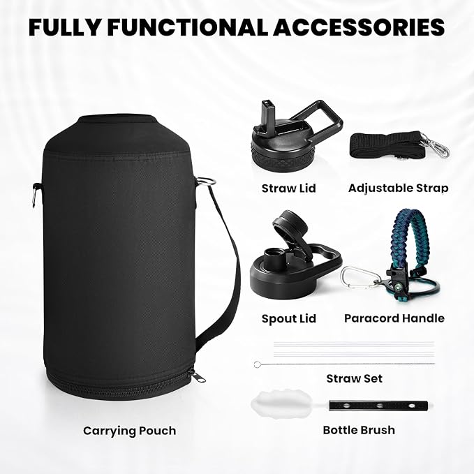 RAYMYLO One Gallon Water Bottle Insulated, Triple Walled Vacuum Stainless Steel (Cold for 48 Hrs), Leak Proof & Non-BPA, Large Water Flask Jug with Paracord Handle & Straw Spout Lids