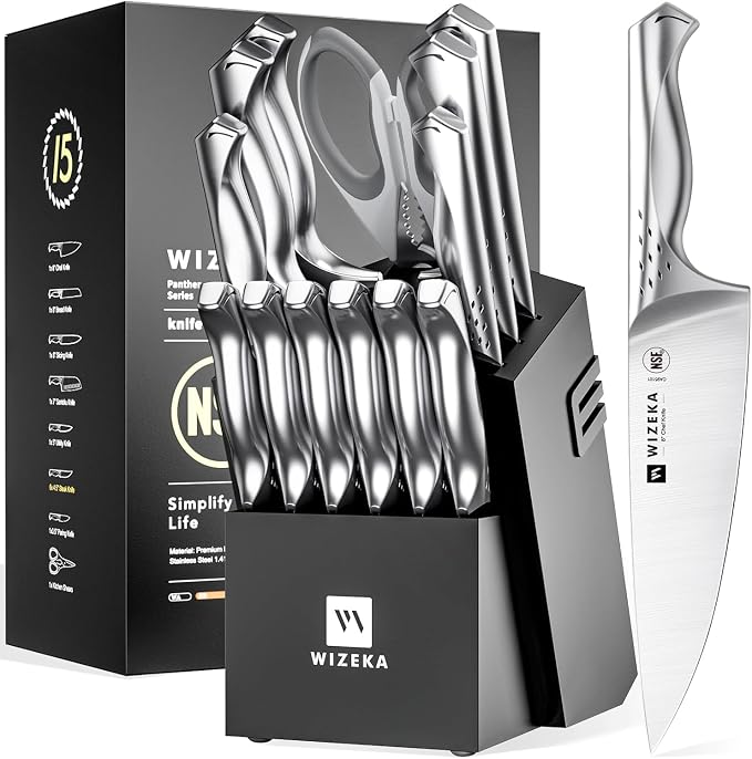Knife Set with Block 15Pcs, High Carbon Stainless Steel, Razor-Sharp | One Piece Forged Ergonomical Silver handle, Premium German Steel, Ideal Gift with Elegent Box for Kitchen Chef, Jaguar Series