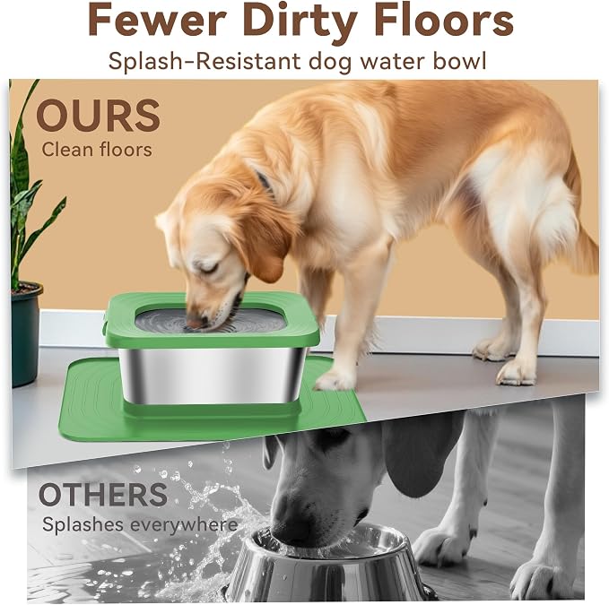 10L No Spill Dog Water Bowl Stainless Steel for Messy Drinkers | Large Capacity Slobber Stopper, Slow Drinking Anti Splash Design, XXL Silicone Mat, For Large Dogs & Multi-pet Homes, Green