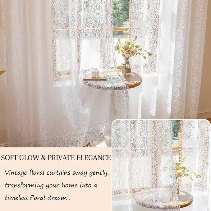 Sutuo Home White Boho Sheer Curtains 84 inches Long for Bedroom Living Room, Ivory Lace Curtains Cottage Bohemian Farmhouse Vintage Crochet Tassels Victorian Floral Privacy Rod Pocket, 2 Panels 50" W