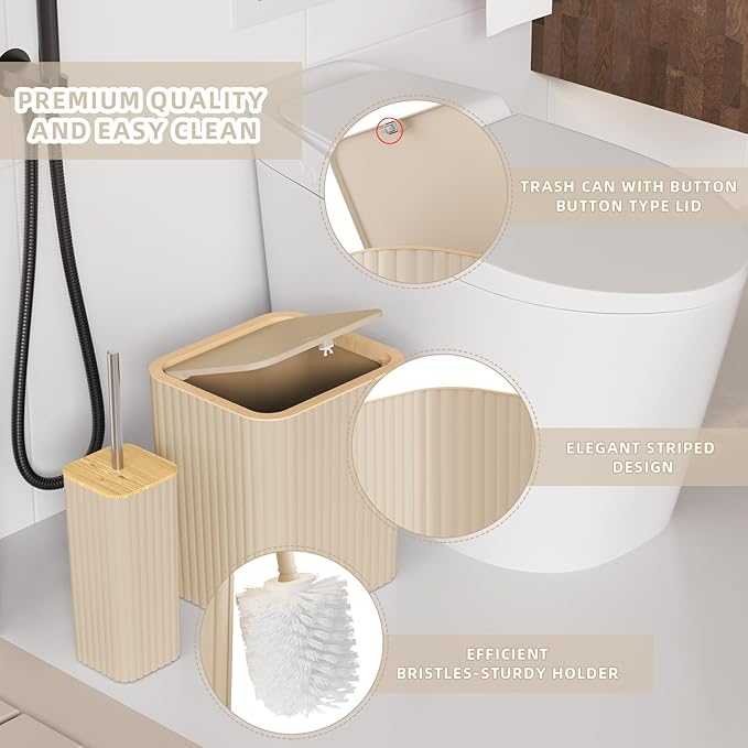 XLHOMO Bathroom Accessories Set - Elegant Beige Bathroom Set, 10PC Bathroom Accessory Set, Toilet Brush, Bathroom Trash Can