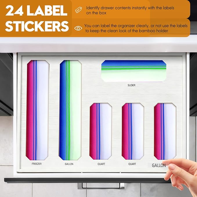 6 in 1 Bamboo Ziploc Bag Storage Organizer, White Baggie Organizer for Drawer with Sliding Lid - Fits Gallon, Quart, Sandwich, Snack & Freezer Bags, Wall Mountable Kitchen Drawer Organization