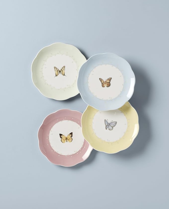 Lenox Butterfly Meadow Porcelain Dessert Plates, 8 Inch, Set of 4 | Dishwasher safe | floral design | kitchen and dining essential, gift for women, dinnerware, plates gift