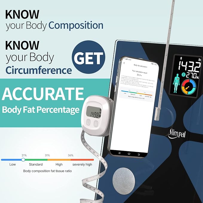 Slimpal Body Fat Measuring Tape and Smart Scale for Body Weight and Fat with APP Digital Bathroom Scale for Weight Loss, Body Composition and Circumference Analyzer