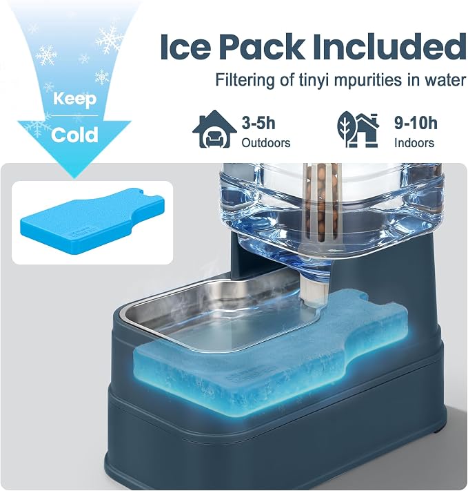Auto Dog Water Dispenser with Stainless Steel Bowl Feeder for Pets | Automatic Cat Water Dispenser Gravity Water Feeder Dog Waterer for Puppy Kitten Pets (Include Filter &Ice Pack) 2.2Gal Navy