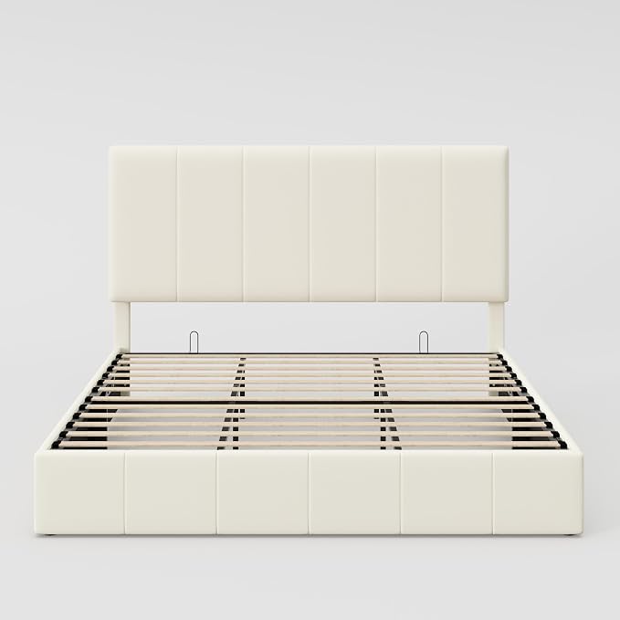 Allewie King Size Velvet Lift Up Hydrualic Storage Bed Frame, Cream | Vertical Channel Tufted Headboard, Hydrualic Underneath Storage, Upholstered Platform Bed, No Box Spring Needed