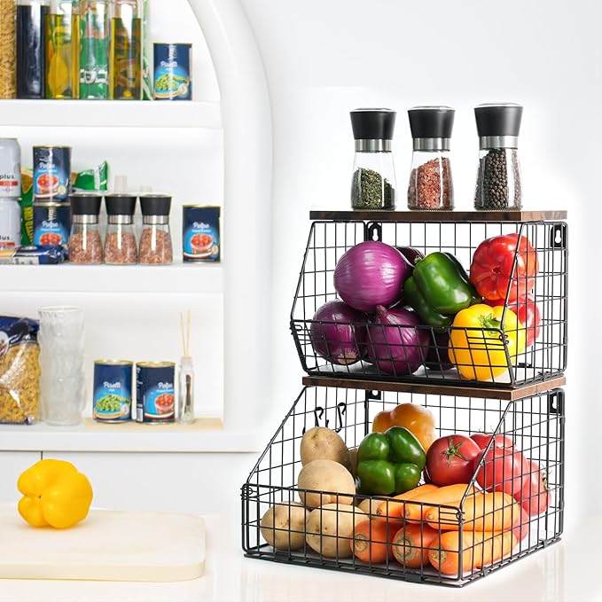 Mefirt Fruit Basket, Stackable Wall Mounted Fruit Baskets, Potato Baskets Onion Storage for Kitchen, Hanging Wire Basket with Wood Lid, 2-Tier Vegetable Organizer Kitchen Countertop Organization